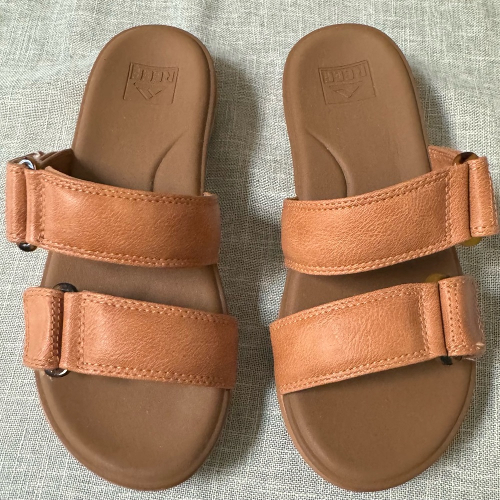 Reef Women’s Tan Leather Double-Strap Slide Sandals